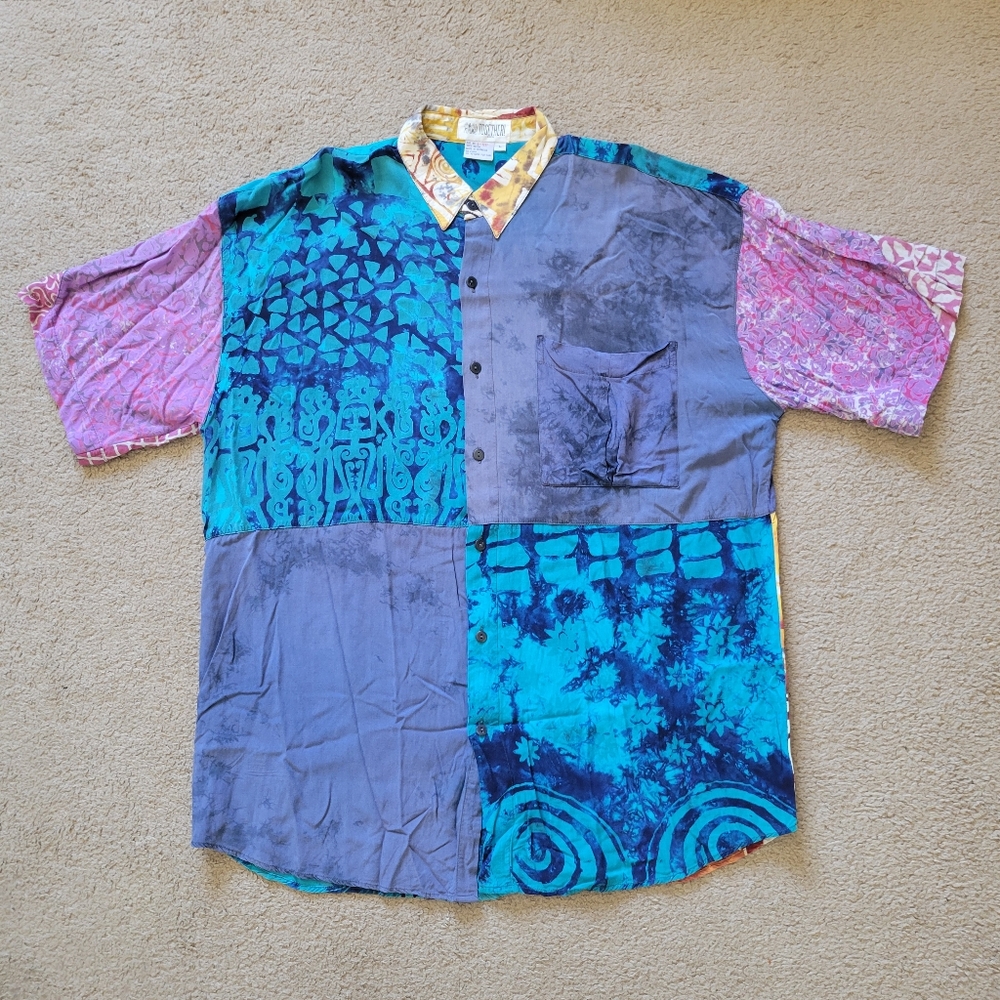 Vintage 90s Patchwork Tie Dye Shirt Rayon Neo Hippie Clubware Large